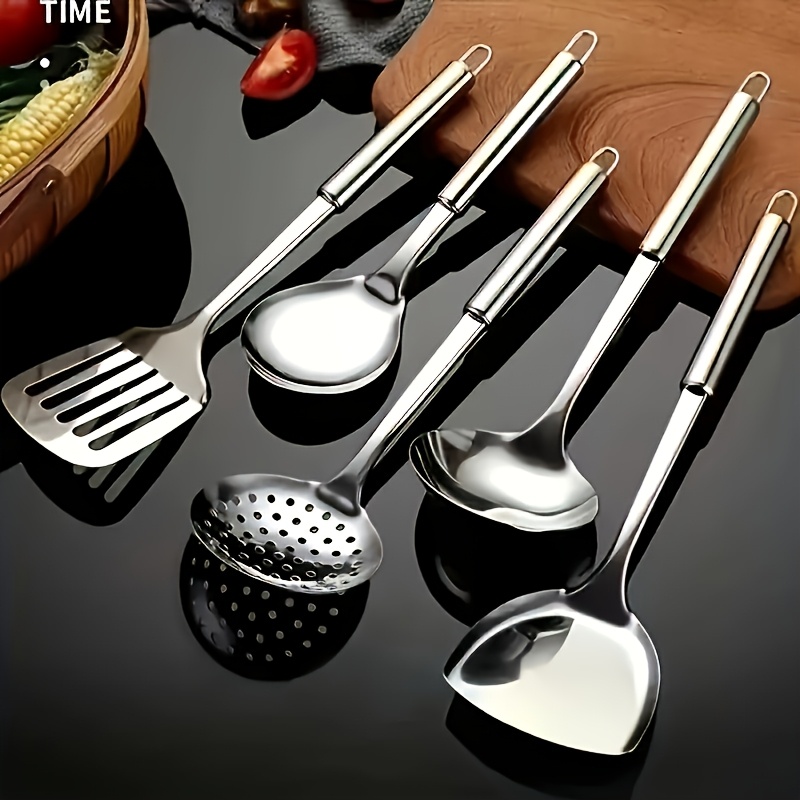 TEMU 5pcs Stainless Steel Kitchen Utensil Set Including Wok Spatula, Slotted Spatula, Soup Spoon, Skimmer Spoon, Spoon.