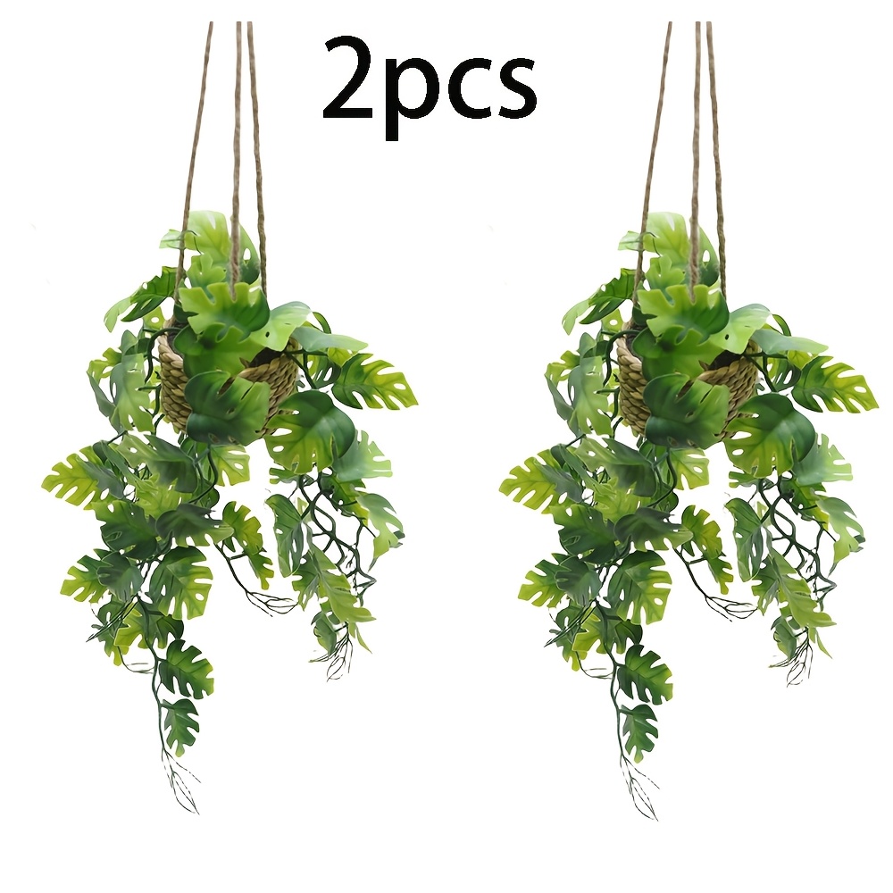 Image of 2pcs Simulation Potted Plants, Hanging Green Potted Plant With Pu Leaves, Realistic Details And Natural Touch. Suitable For Wall Decoration In Living Room, Kitchen And Outdoor Yard