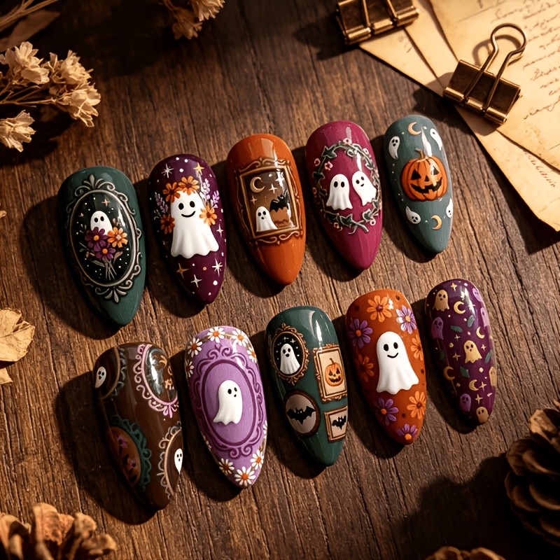 TEMU 10pcs Hand-painted Suitable For Halloween Press-on Nails - Almond Shape Medium Length Nail Tips With Bats, , Pumpkins & Vintage Photo Frame,