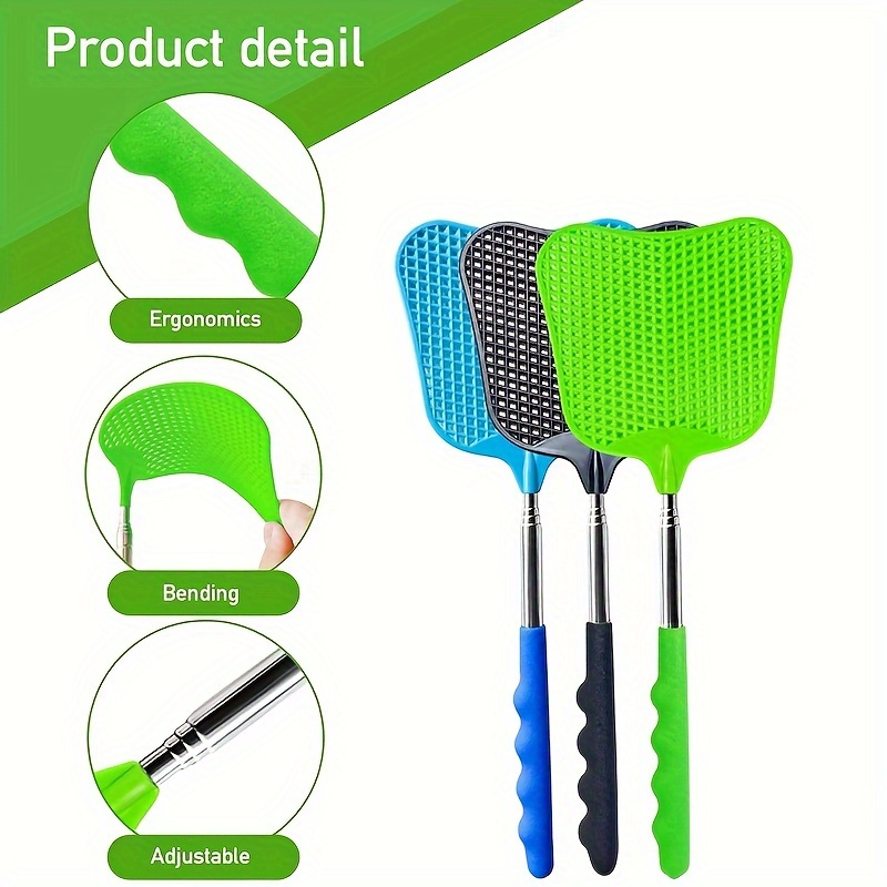 3 pack fly swatters telescopic manual pest control with stainless steel handle durable plastic non electric heavy duty for home classroom use 3