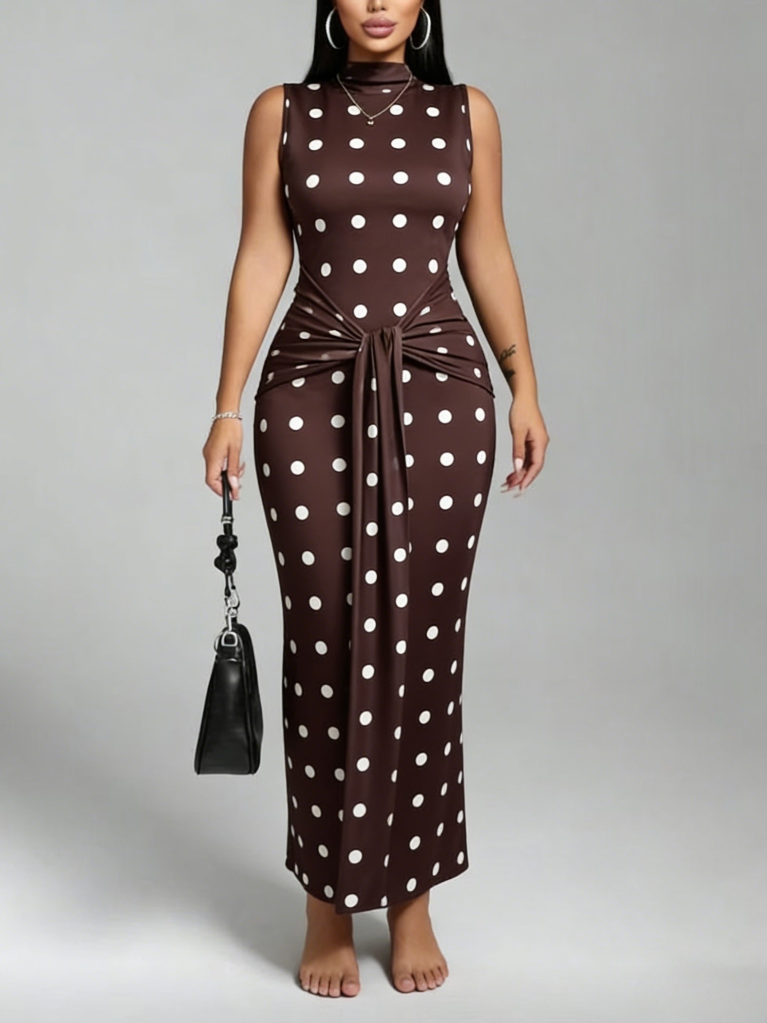 brown polka dot sleeveless dress Brown Polka Printed Black Sleeveless Dress – Znx Wholesale main image 0