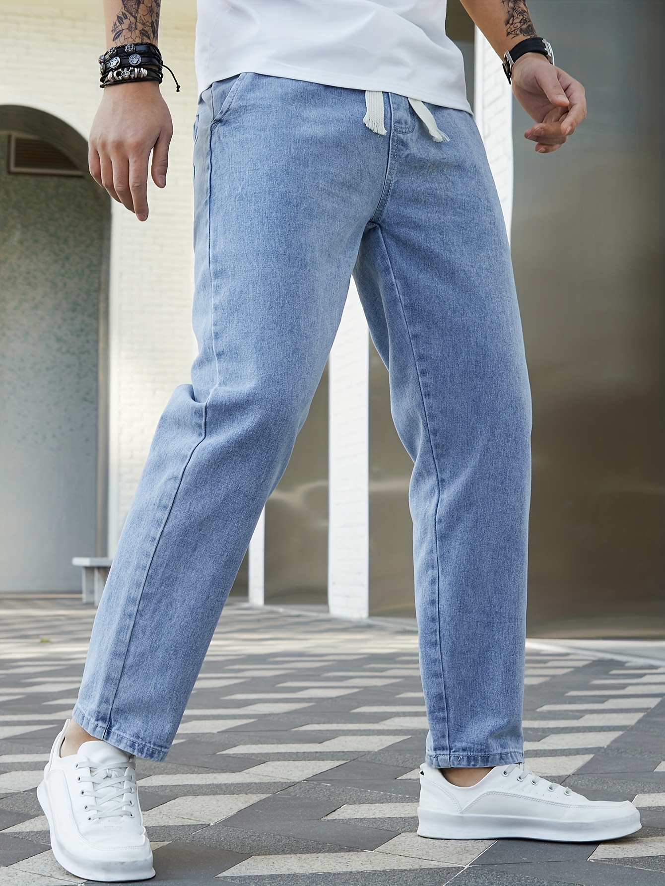 Men's Washed Denim Pants, Spring/Autumn Fashion Brand Loose Straight-Leg Elastic Waist Drawstring Versatile Japanese Style Casual Cropped Pants, Geng Yuanshi