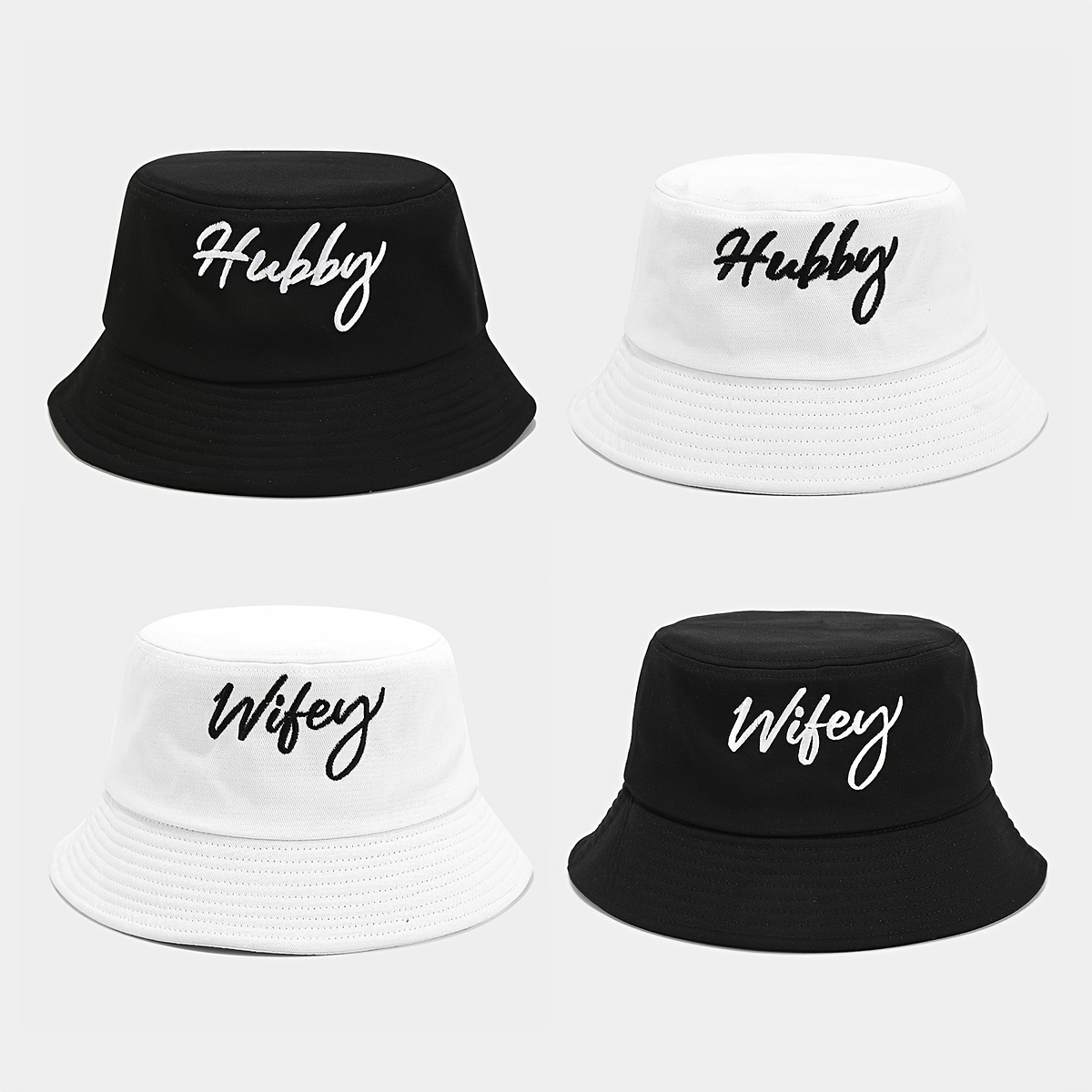 

Couple' Bucket Hats, " Wifey" Embroidered, Cotton, Non-stretch, Lightweight, , Casual Sun Protection, Wedding Themed, , Bucket