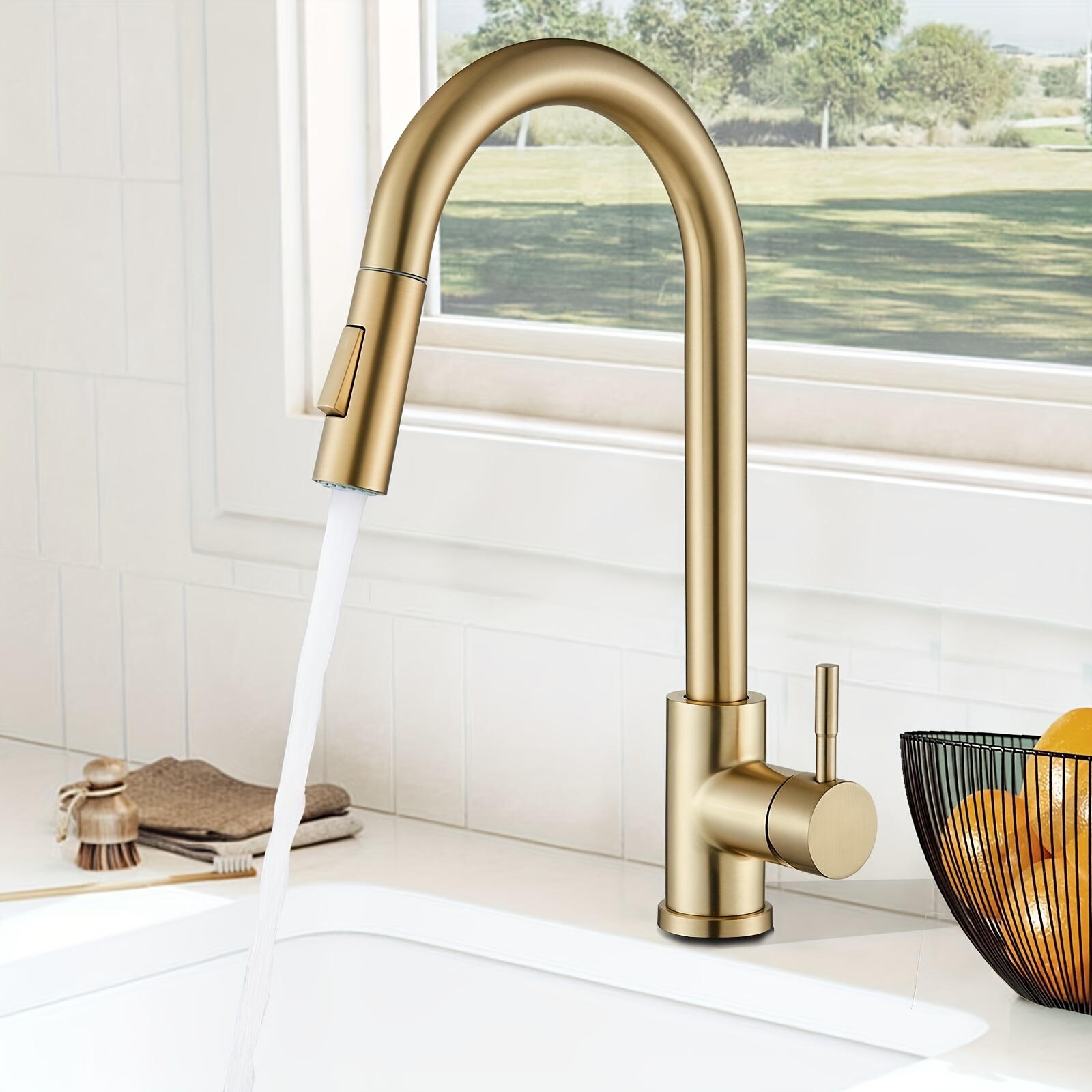 

1pc Faucet , Arc Out Faucets, 360° Universal Telescopic Nozzle, Steel Steel , Gold