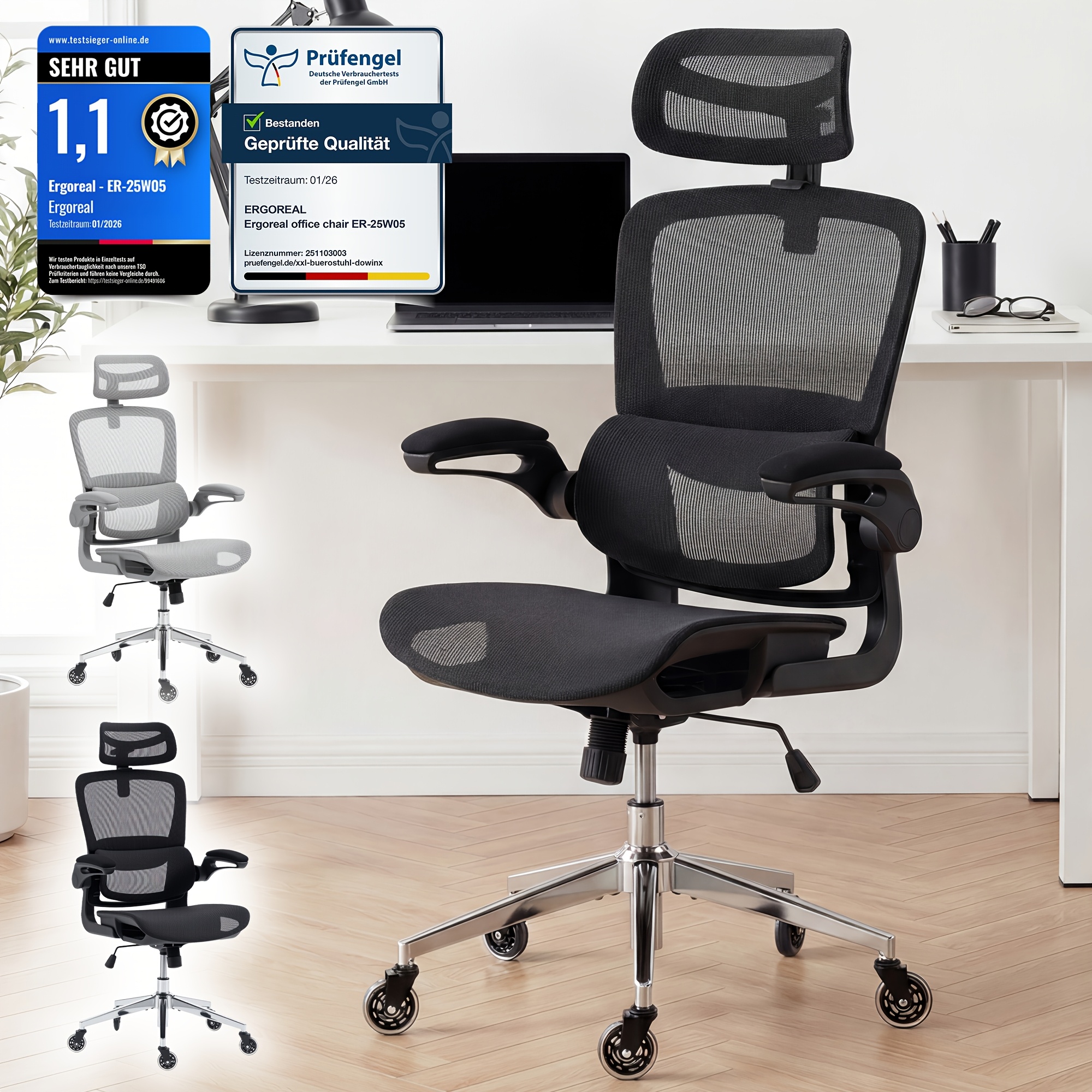 ergonominen toimistotuoli, jossa on säädettävä niska  ja hengittävä verkkokangas, taitettavat käsinojat, säädettävä lannerangan  , keinutustoiminto ja äänetön pyörät; kantavuus: 120 kg