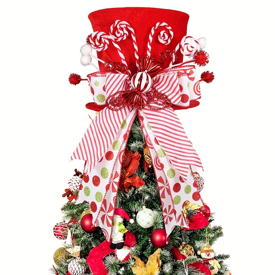 

Large Red Christmas Tree Topper Hat With Striped Bow & Candy - Decor, Tabletop Ornament (hat Only)