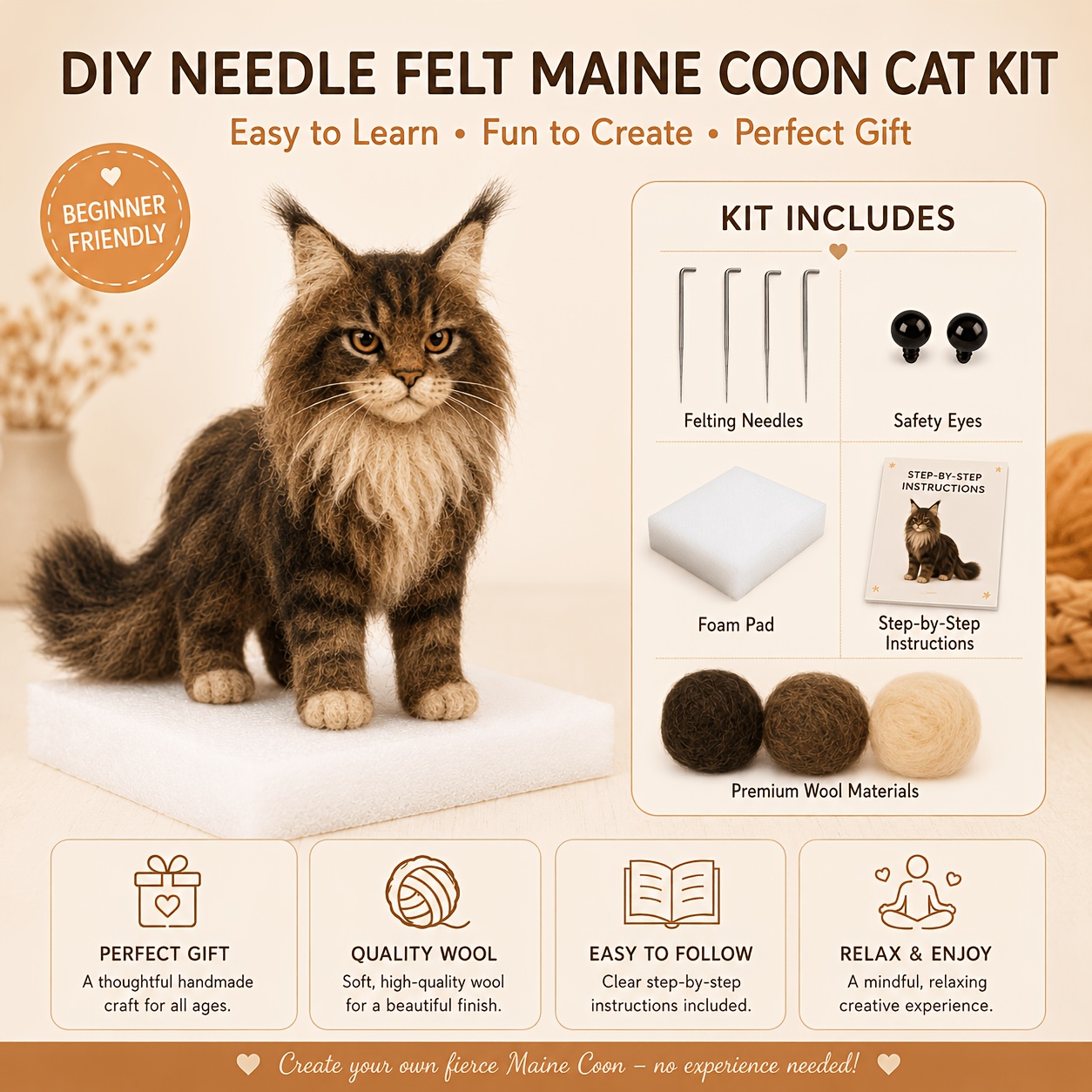 TEMU Kit Tricolore Maine en Feutre Fait Main - Feutrage à l'Aiguille, Style Animalier, Inclut un Ensemble Complet de Matériaux d'Artisanat et une