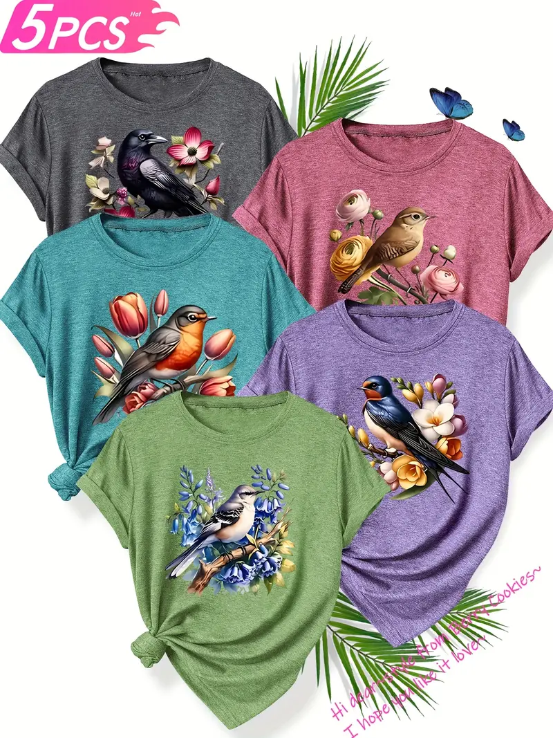 5pcs set of sisters simple and cute animal plant flower pattern printed elegant womens spring summer and autumn round neck short sleeve t shirt multi color s xxl Product details 5