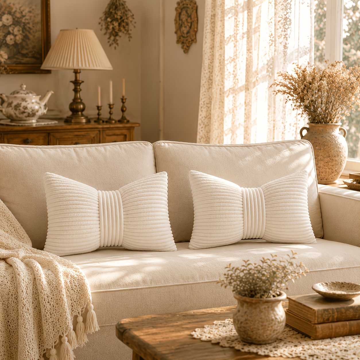 TEMU 2pcs White Vertical Stripe Pleated Bow Pillowcases Suitable For Home Sofa, Bed, Bay Window - Creamy Ins-style Minimalist 3 Twisted Knot Cushion