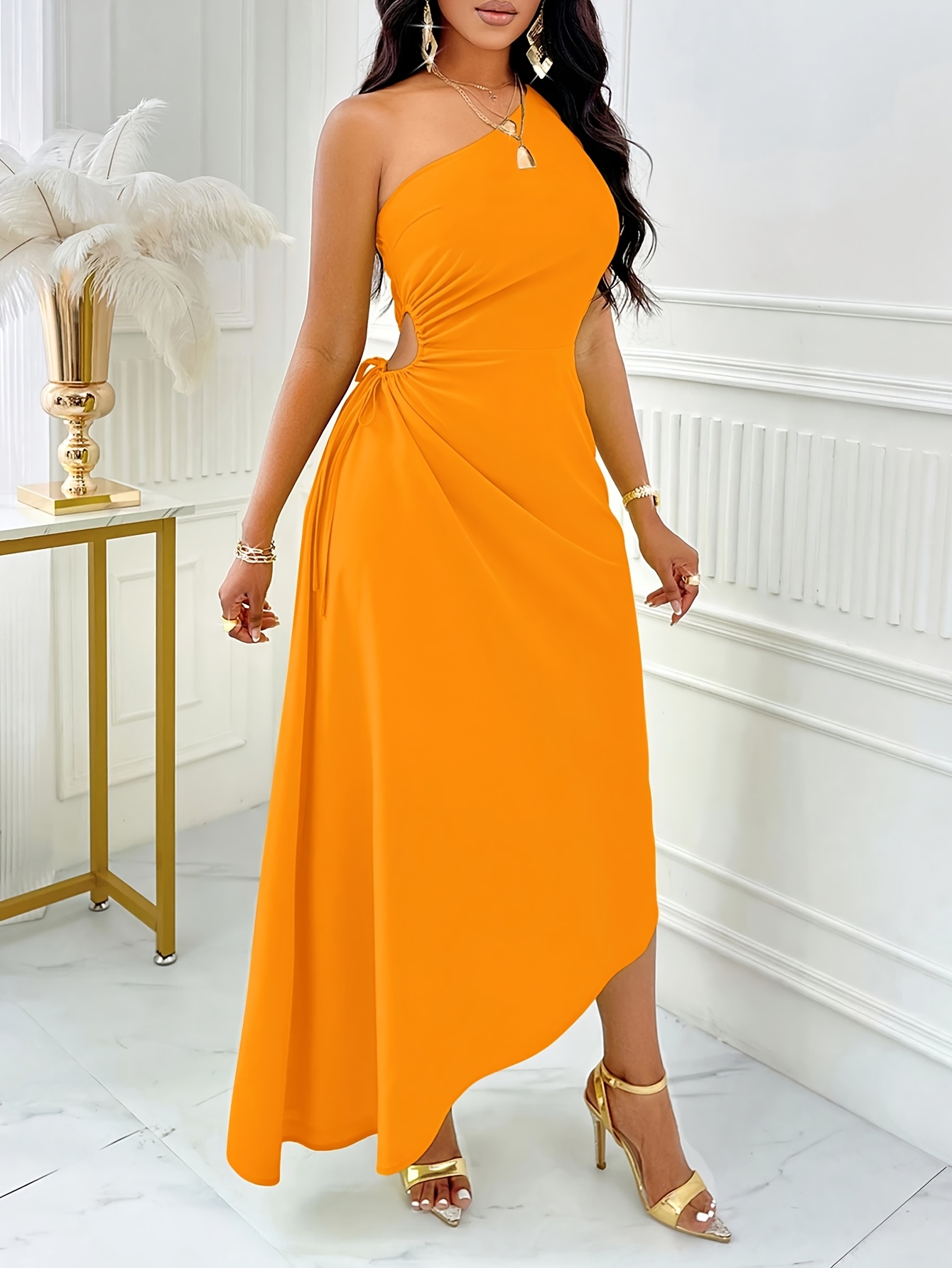 two tone cut out one shoulder asymmetrical hem dress asymmetrical hem long dress one shoulder cutout drawstring