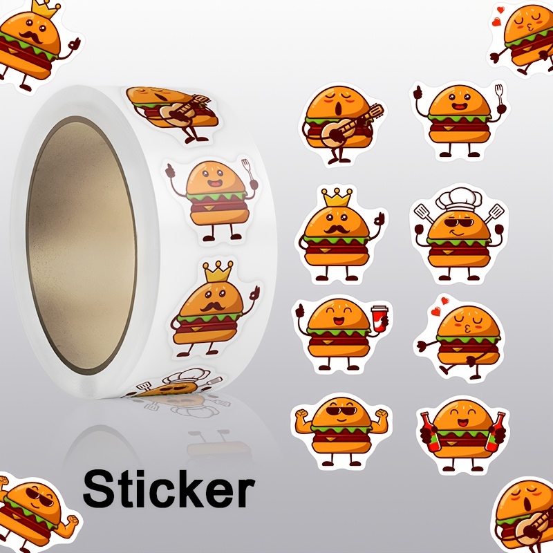 TEMU 1 Roll (500pcs) Cute Hamburger Stickers, Featuring 8 Different Hamburger Styles, Suitable For Phone Cases, Pencil Cases, Journals, Hamburger