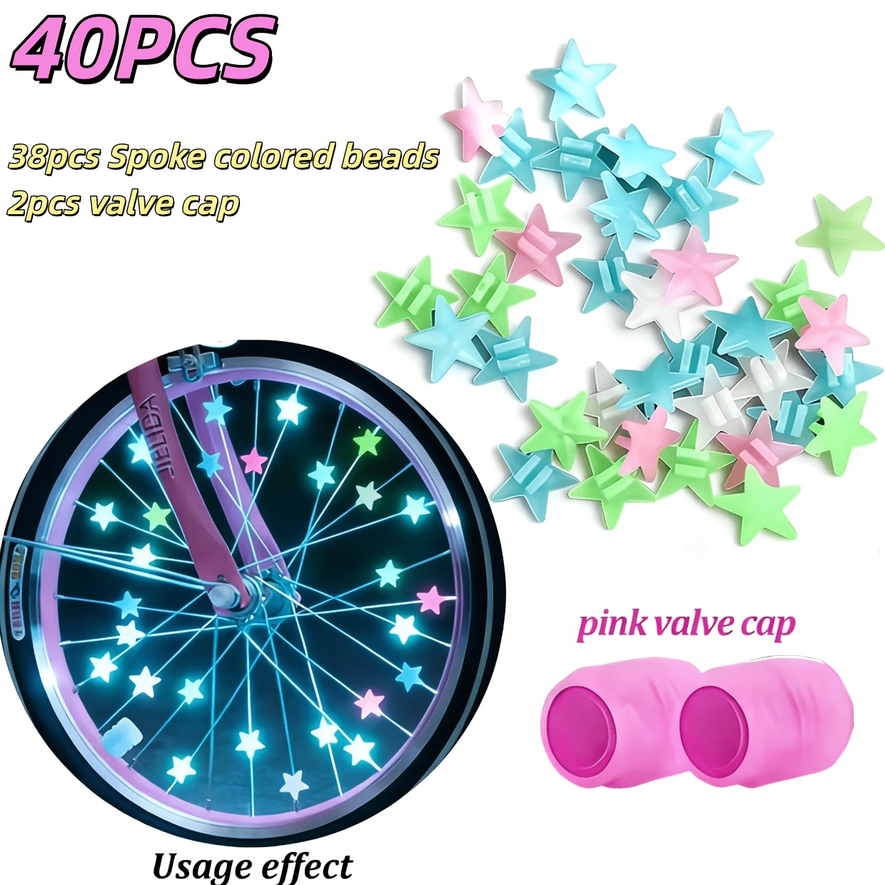 TEMU 40pcs Set Of -the-dark Spoke Beads And Valve - Luminous Star-shaped Decorations, Suitable For Night Riding, Wheel Decoration, Cycling Enthusiast