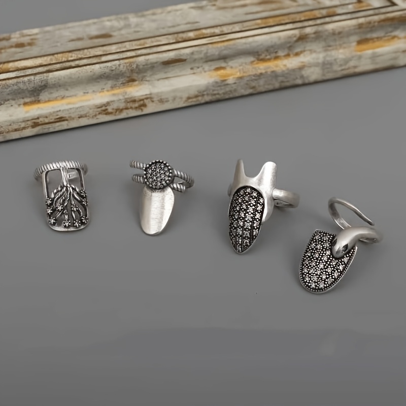 Image of 4pcs Vintage Antique Silvery Open Set, Niche Snake & Hollow Out Style Knuckle Guards, Dark Gothic Style Trendy Jewelry For Women, Daily Wear & Gift Option