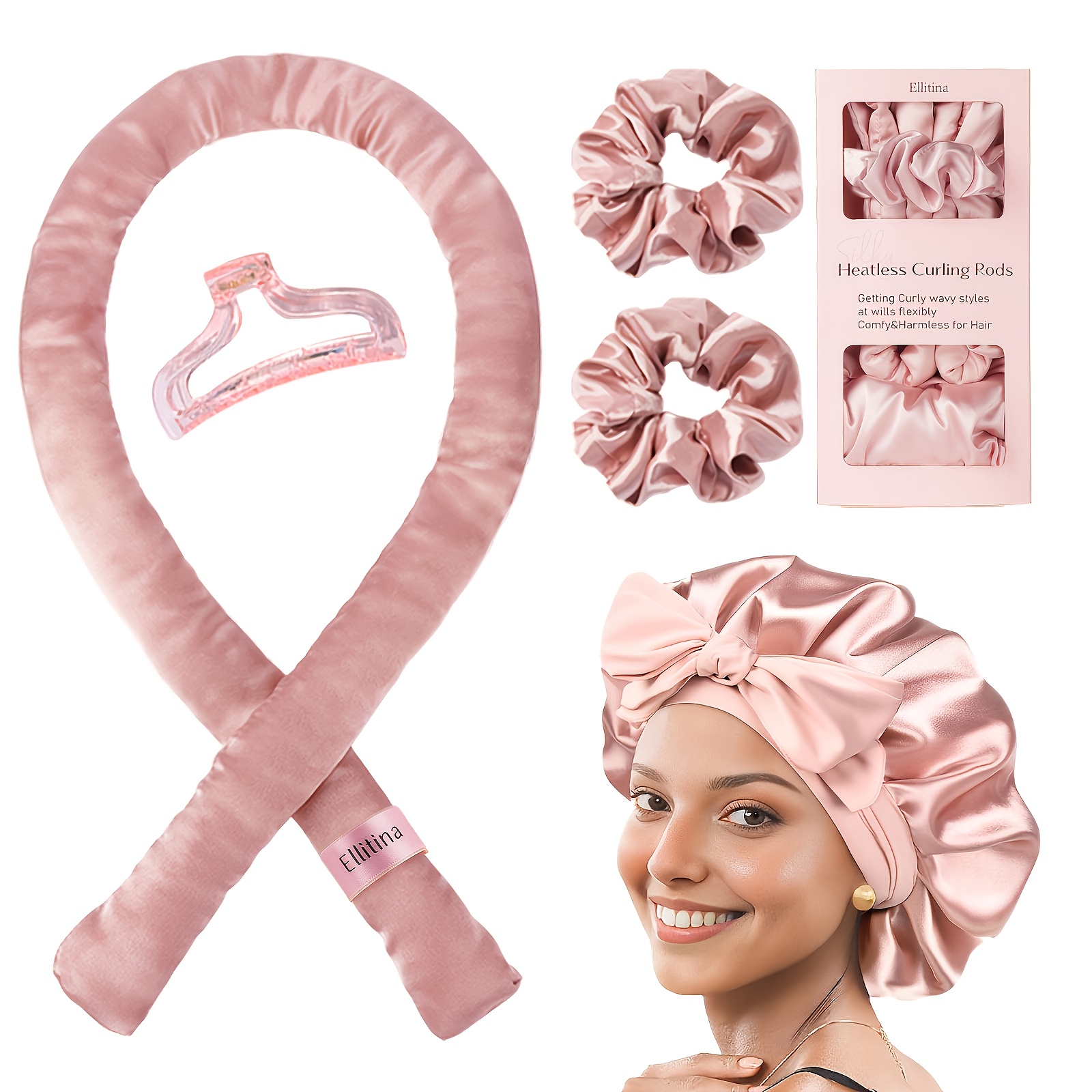 ELLITINA 5pcs No-Heat Hair Curler Set with Satin Sleep Bonnet & Headband - Heart & Solid Color Curling Rods, Overnight Curls, Hypoallligenic for Scalp, Long Hair Friendly, Adjustable DIY Multistyle for all hair Types,