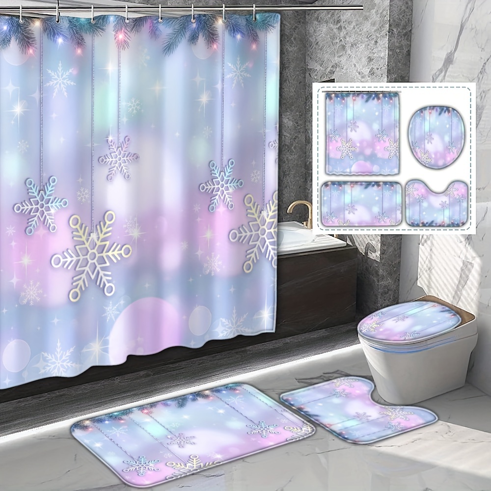 

Christmas Shower Curtain Set: 1/4pcs Purple Design, 12 Hooks Included, Waterproof Polyester, Bath Mat, Toilet Seat Cover & U-shaped Rug, Walk-in Showers - New Year Bathroom Decor