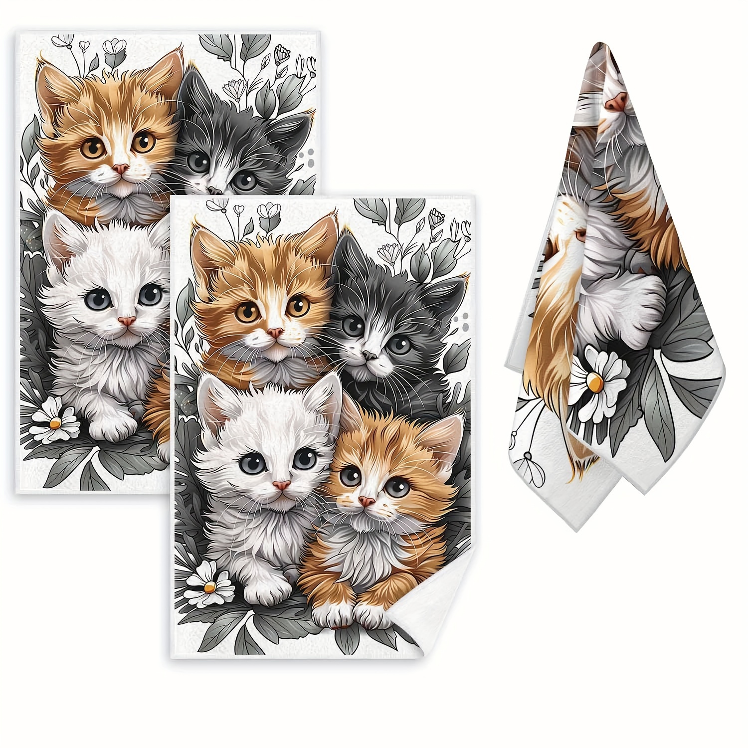 

2- Cat Pattern Towels, -dry Towels, Dish Cloths, Tea Towels, Polyester , , Rectangular, , For Bathroom Decor