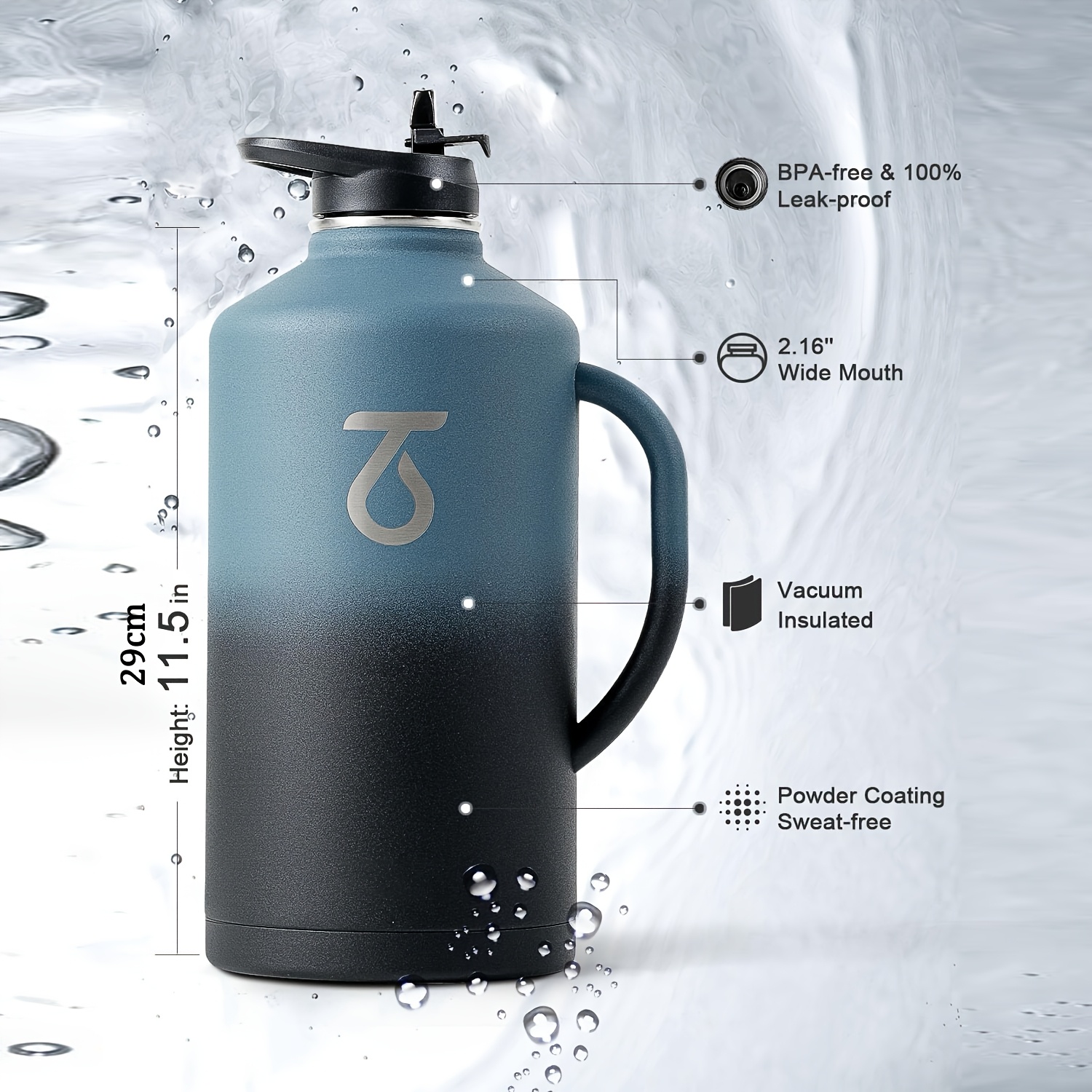 64oz 128 oz water bottle insulated handle one gallon - Temu