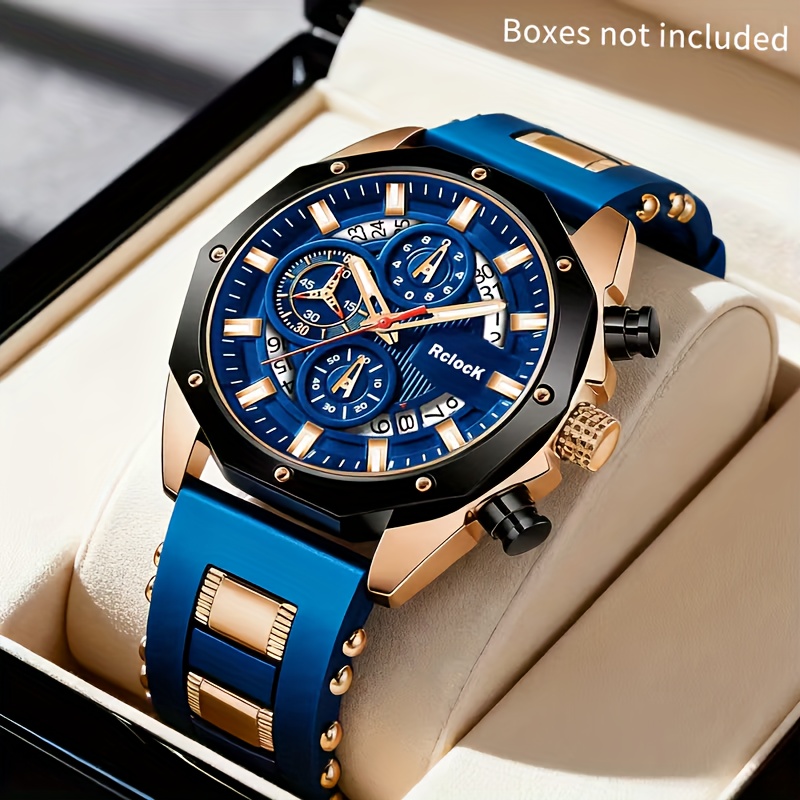 1 MSCXDK Modern Luxury Blue & Golden Chronograph Analog Watch with Date/Day Display, Shockproof Quartz Movement, Golden Case & Blue Strap - Unisex Wristwatch for Men & Women, Dress Watch for Casual/Formal Occasions, Gift for Him/Her