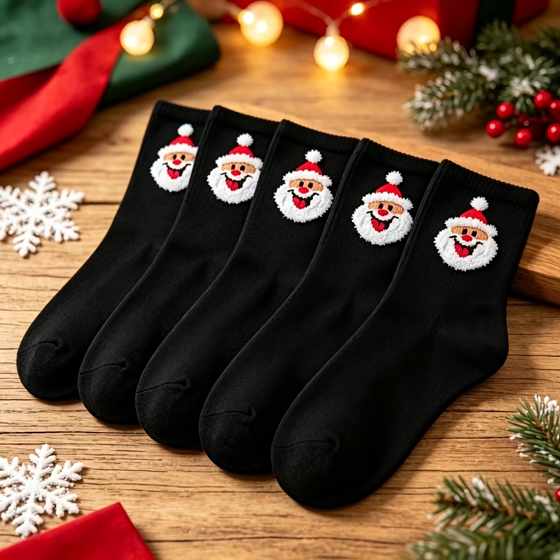 TEMU 5-pair Men' & Women' Suitable For Christmas Santa Claus Pattern Socks - Mid-calf Casual Casual Attire With Santa, Machine Washable Comfortable