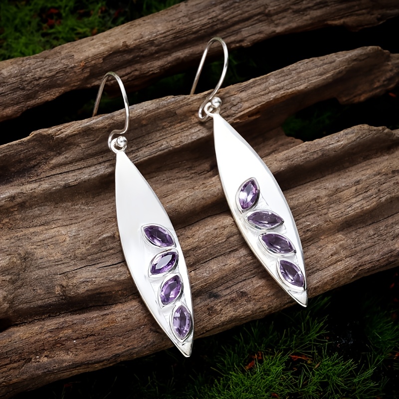 Luxury Women's Retro Leaf Shaped Amethyst Pendant Earrings