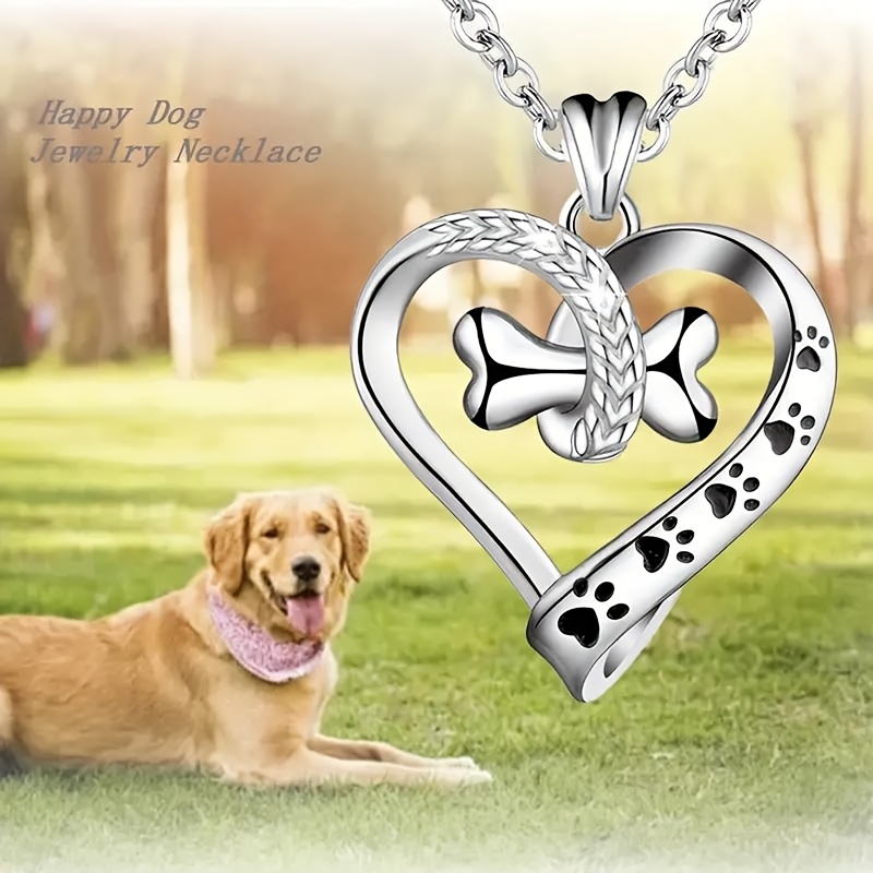 Image of 1pc Women's Fashion Pendant Necklace, Exquisite Enamel Pet Dog Paw Print Bone Heart Pendant Necklace, Women's Birthday Gift Jewelry, Daily Casual Necklace