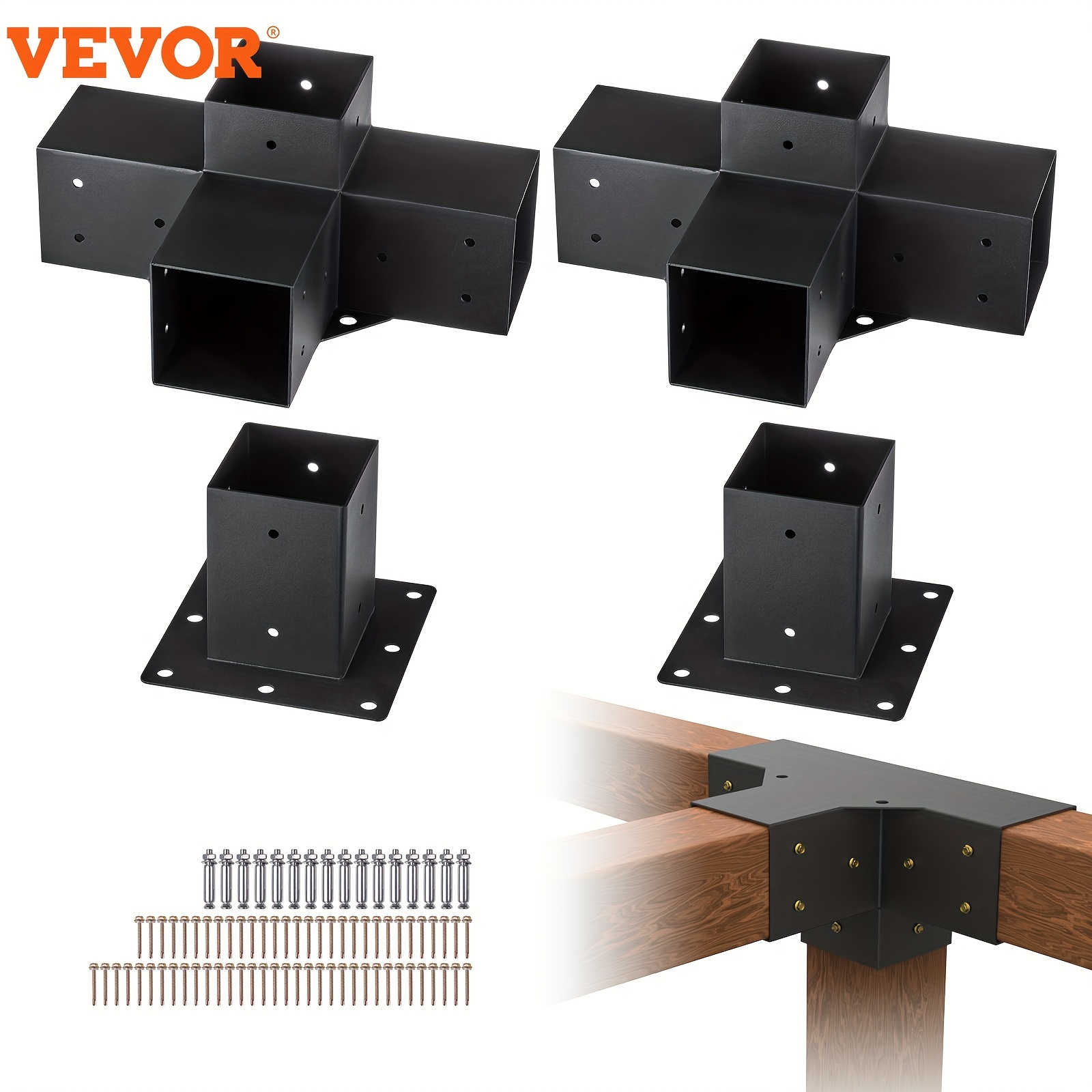 

Vevor Pergola Bracket Kit 4''x4''(inner 3.6x3.6), 4pcs (2pcs 4-way, 2pcs Base) Heavy Duty Corner Bracket Diy Post Base, Easy Installation Wooden Beams For Gazebos, Patio Pergolas,