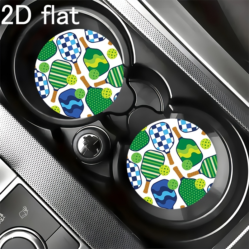 TEMU 2d Flat-2pcs Car Coasters, Pickleball Paddle And Ball Pattern 2.75 Inch Universal Anti-slip Car Cup Mat, Colorful Car Interior Accessories, Fits
