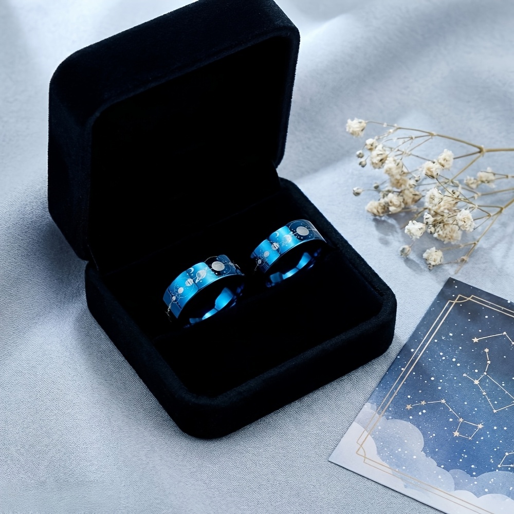 Engraved Blue Tungsten Carbide Cosmic Planet Wedding Band