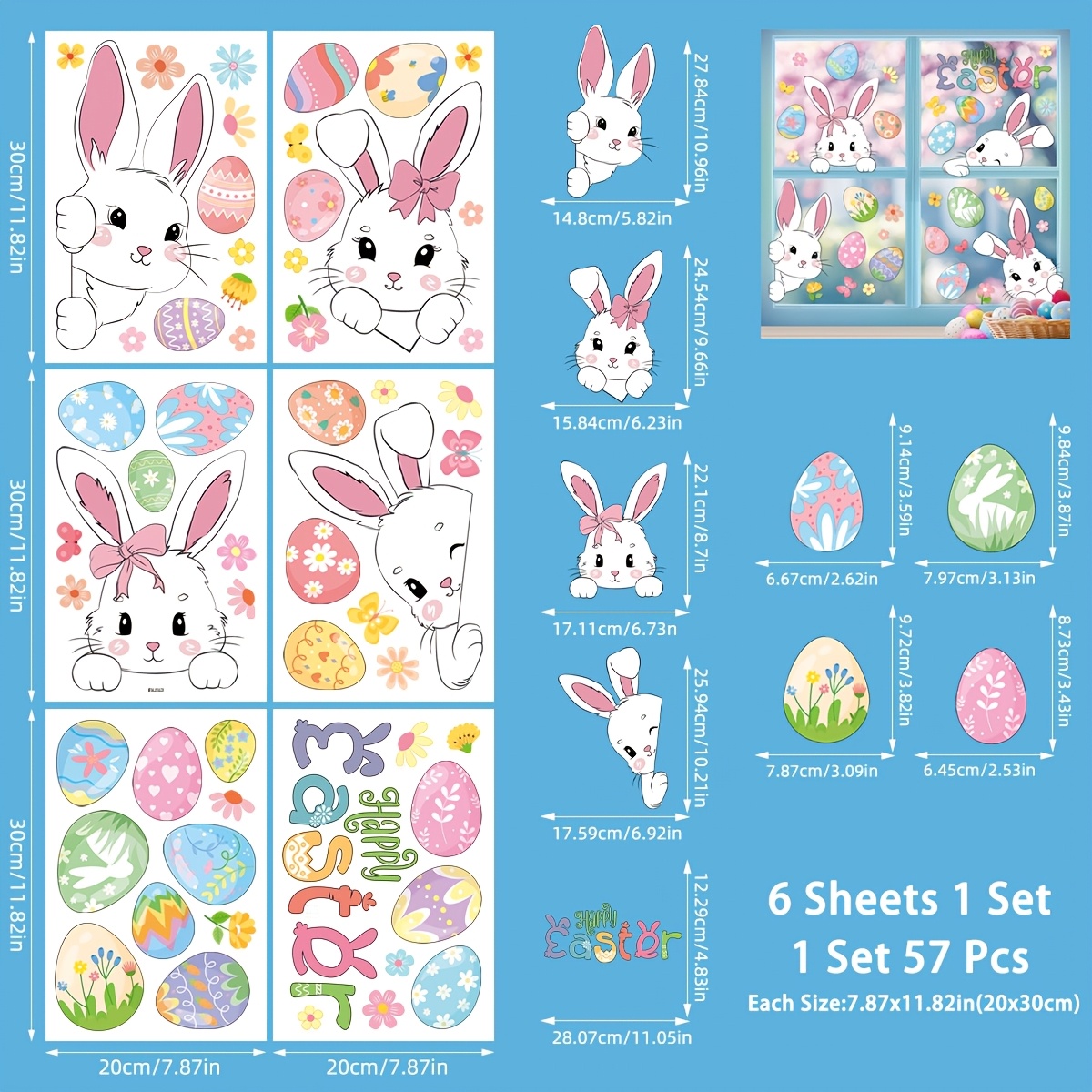 Image of 57pcs Colorful 3d Static Window Decals | Cute Bunny Glitter Glass Stickers, Double-sided Removable Stickers For Home Office Decor, Living Room Bedroom Window Art