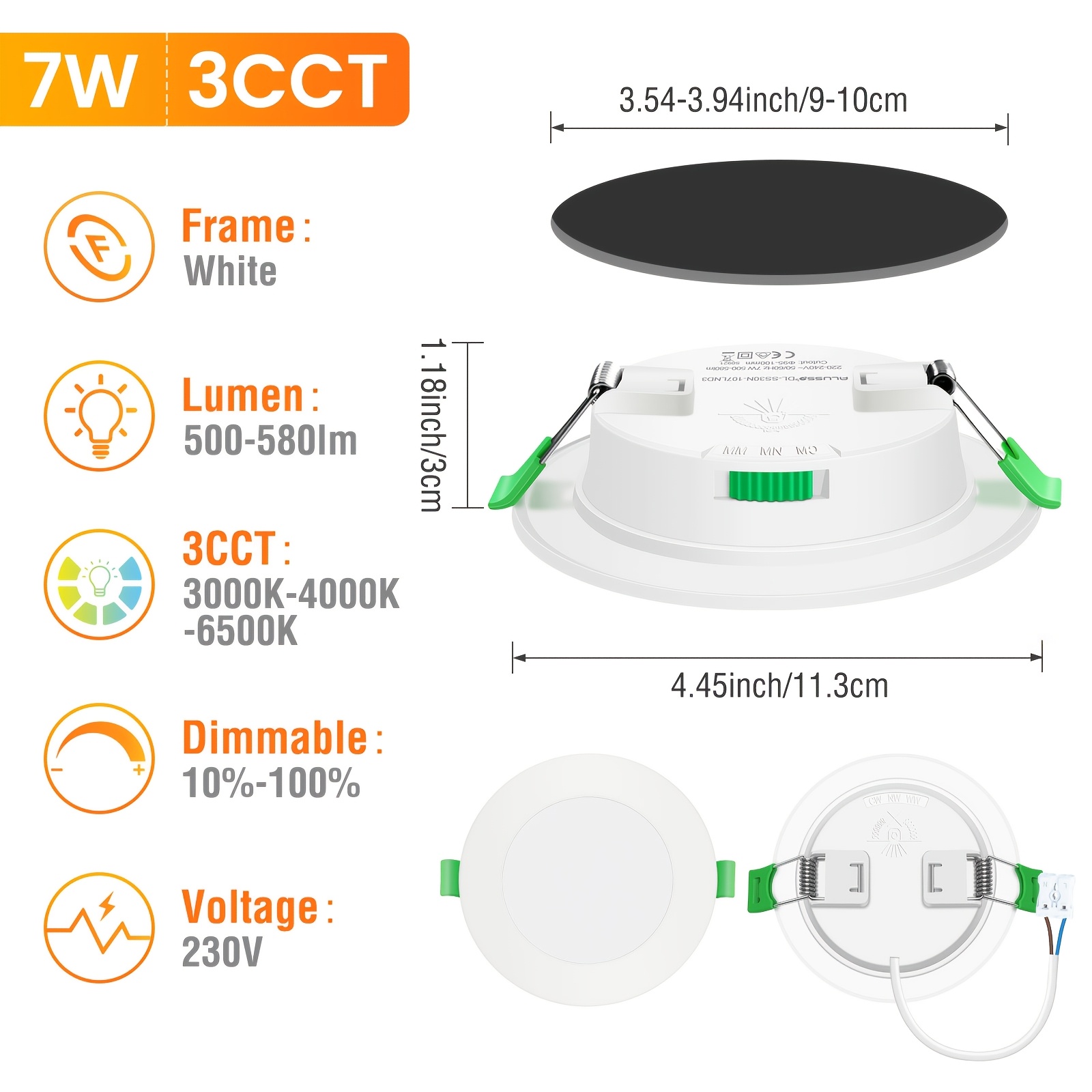 Set Of 6alusso Led Recessed Spotlights, 7 W, 90-100mm Cutout, Dimmable/non Dimmable Ceiling Spotlights, Warm/neutral/cool White Adjustable, Ultra-flat, 230v, For Bedroom, Kitchen, Living Room