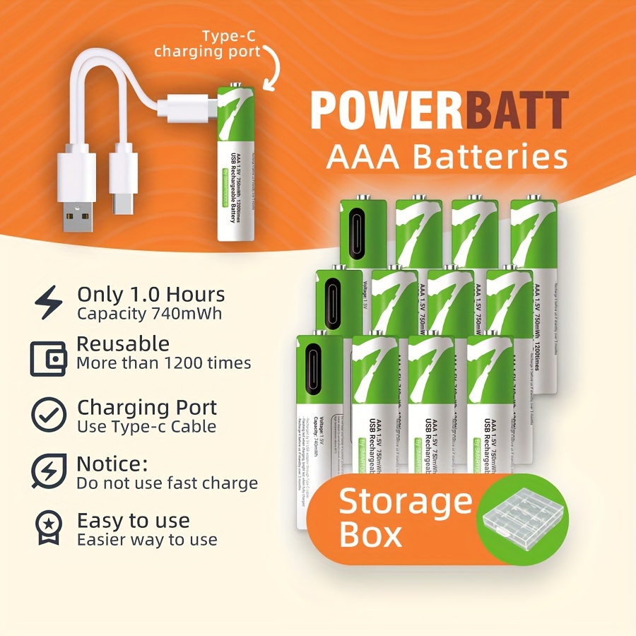 SZEMPTY Baterías recargables de litio de 1.5 V AAA, batería USB AAA de  iones de litio de 750 mWh con cable de carga tipo C 4 en 1, carga rápida en  1