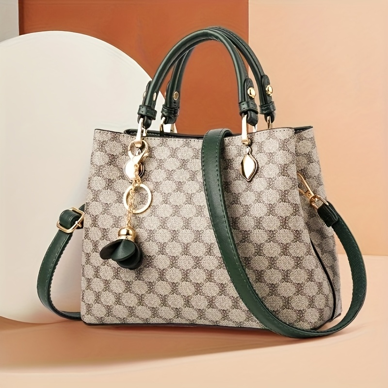 Borsa a Secchiello Leggera e Lussuosa per Donne - Tracolla Rimovibile, Pelle Genuina di Alta Qualità, Grande Capacità con Chiusura a Cerniera, Motivo Geometrico (Verde Scuro/Bordeaux/Dorato/Nero) - Design alla Moda Europeo e Americano, Borsetta