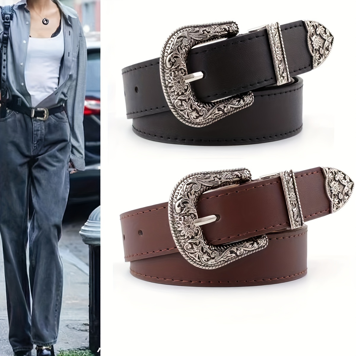 

Ceinture pour femmes en PU avec boucle argentée antique en de D, largeur de 2.8cm et 2.0cm, ceinture pour jeans, ceinture étudiante de style coréen, ceinture décorative fine pour femmes