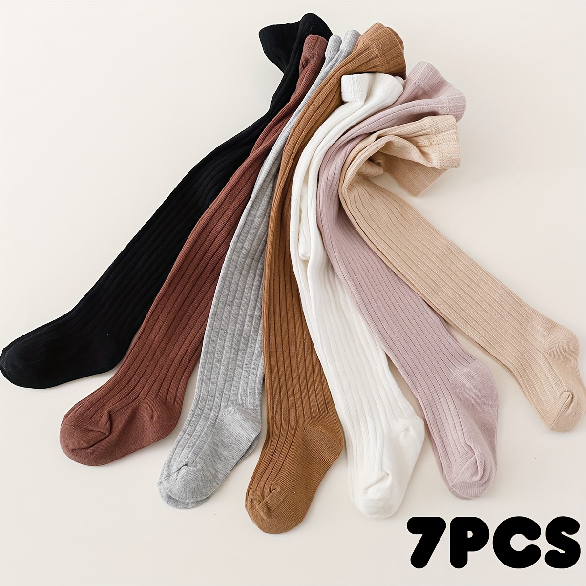 7-pack Girls' Vertical Stripe And Solid Color Leggings/tights, Suitable For Daily Wear In