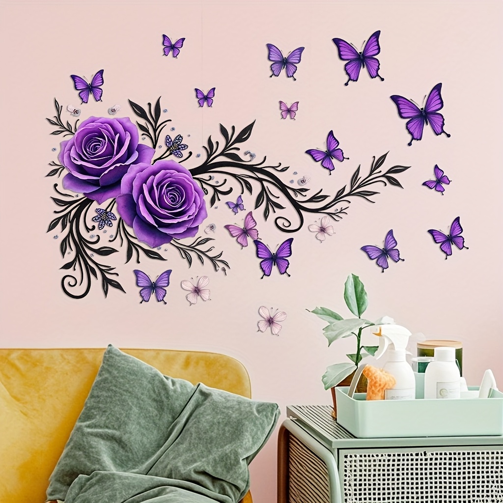 2pcs Purple Rose Wall Stickers With Branches And Decorations, Suitable For Living Room, Bedroom, And Bathroom Background Wall Decoration