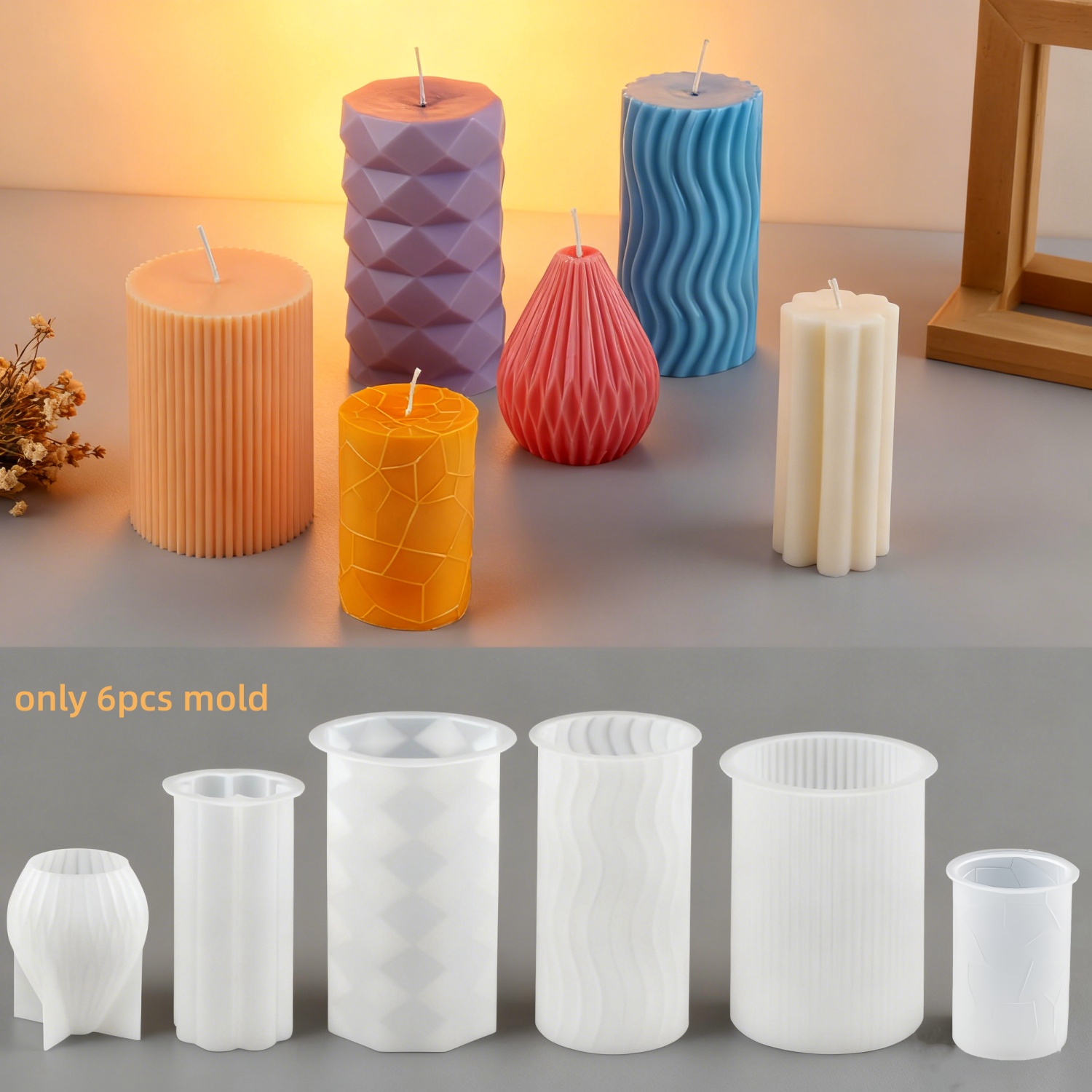 E-shop Ein Set aus 6 Silikonformen für Kerzen, inklusive birnenförmiger und zylindrischer Formen, zum Basteln. Diese Formen eignen sich zum Herstellen