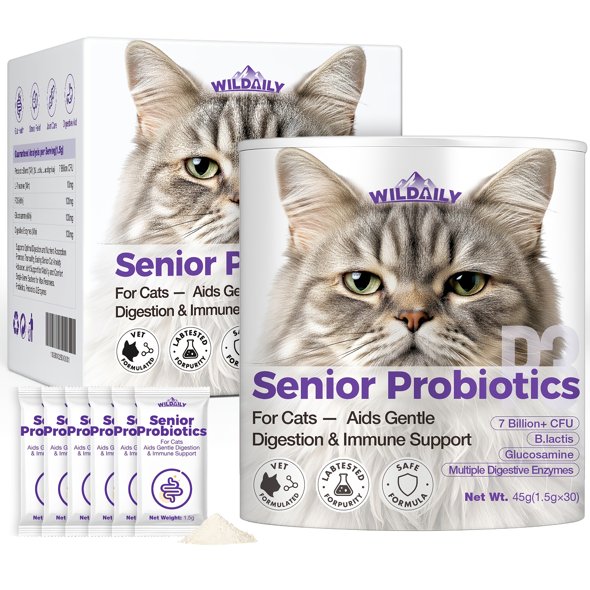 30 Sachets Senior Powder, 7 Cfu With And Enzymes, Supports , And , For Senior Cats