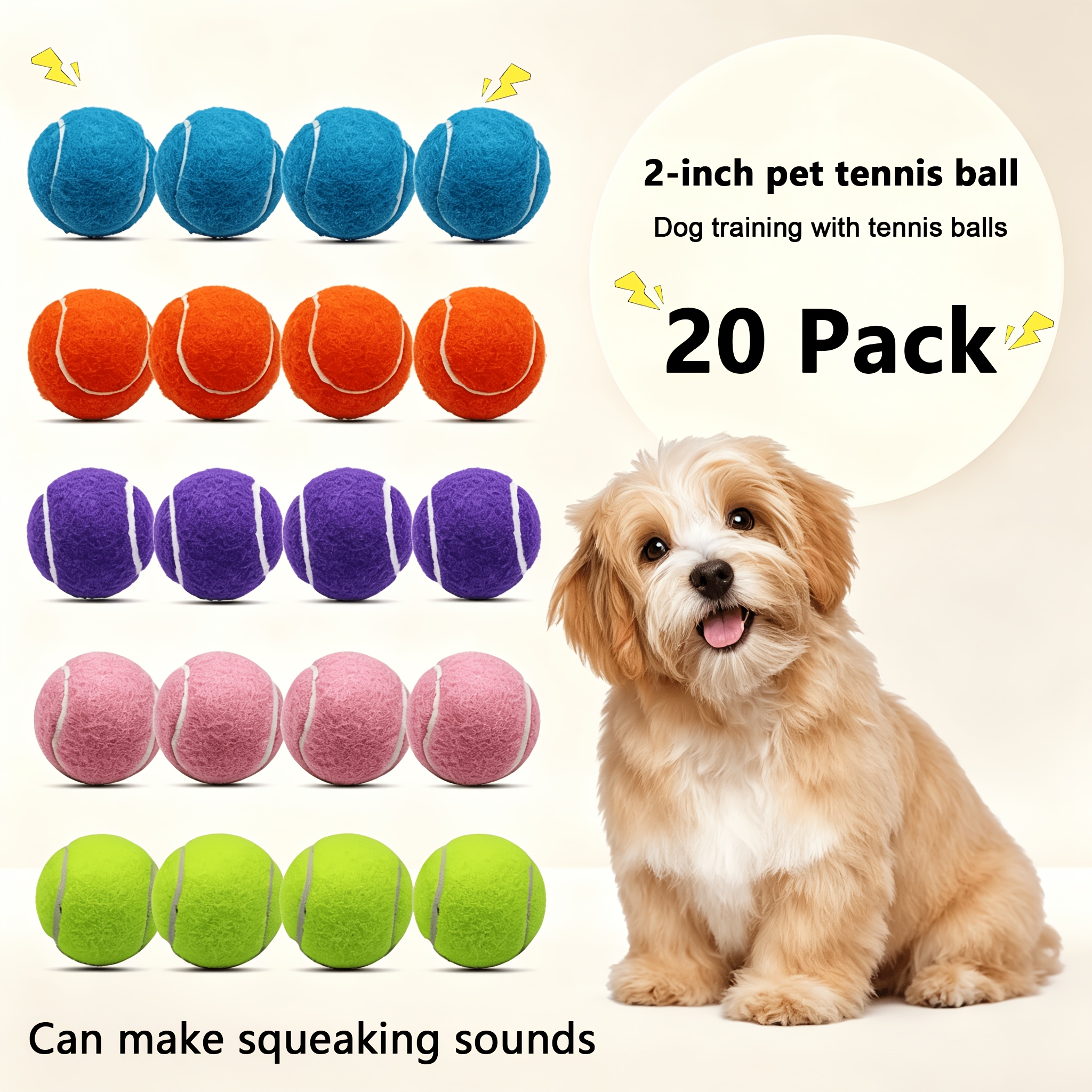 2-inch Dog Tennis Balls, 20-pack, Squeaky Sound, Suitable For Small Dogs As Pet Tennis Balls, For Pet Training, Includes A Net Bag, Bright Colors For Easy Identification, Without Battery