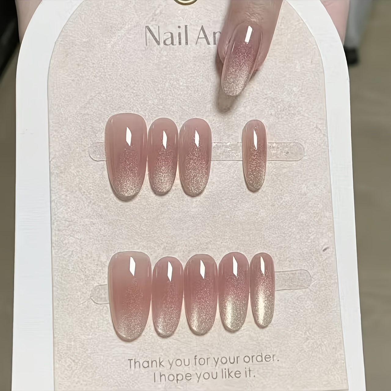 TEMU Medium-length Soft Gel False Nails, Handmade Press-on Nails, Solid Translucent Cat Eye Glass Bead Nails, High-end Nude Color, Skin-brightening,