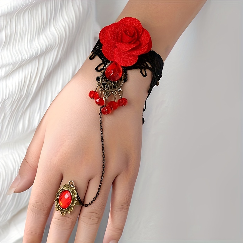 vintage halloween red rose design bracelet ring integrated mitten bracelet party decoration accessories details 0