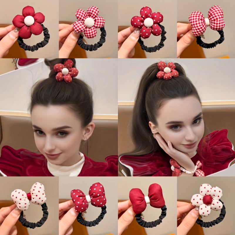 8pcs red black floral bow hair ties set cute sweet jersey  display picture 1
