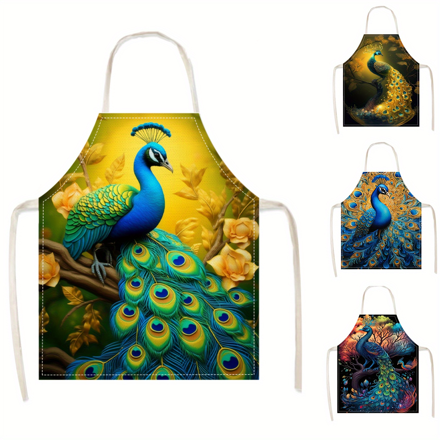 

1pc, Apron, Fashionable Peacock Theme Colorful Printed Apron Waistband, Sleeveless Cooking Apron Waistband, Workwear For Household Cleaning, Cooking