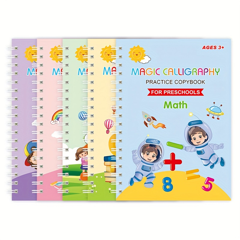 5pcs Reusable Children's Groove Calligraphy Practice Booklet For Alphabet,  Mathematics, Numbers, Drawing And Multiplication & Division