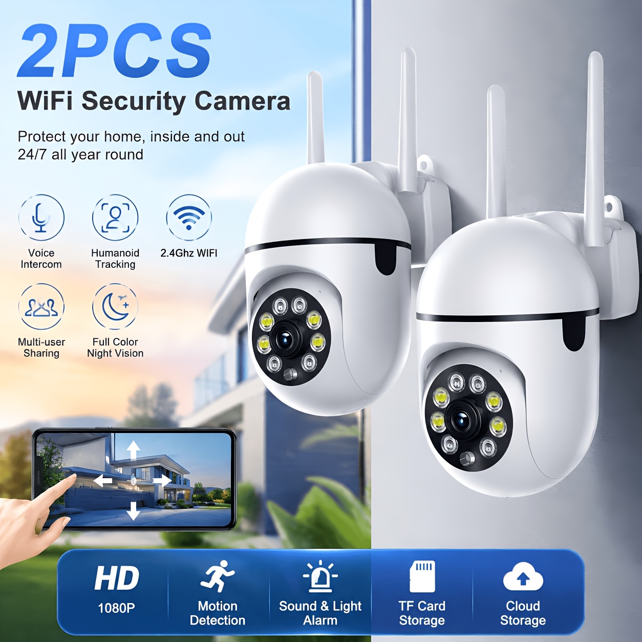 Image of 2pcs 1080p Wifi Security Camera Ptz 355°pan 90°tilt, 2.4ghz Wireless Surveillance Camera, Color Night Vision, Human Tracking, Audio, Siren Alarm, Tf Card Cloud Storage Indoor Outdoor Home Camera