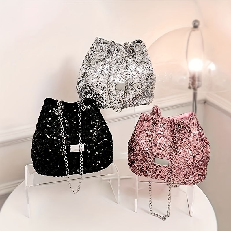 

1pc Glitter Sequin Bucket Bag, Drawstring Shoulder Bag, Fashionable Women' Crossbody Bag - Carnivals And Music Festivals