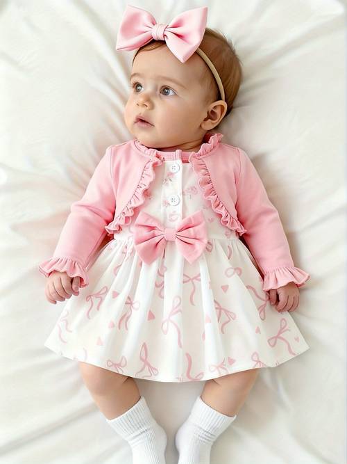 cute baby girl long sleeve dress with heart bow button decoration and bow headband p102080