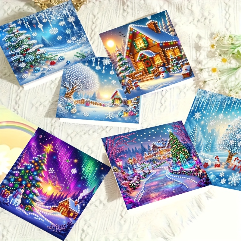 TEMU 6pcs Diamond Painting Christmas Tree Themed Greeting Card Kit, Unique Diy Diamond Painting Kit, High-quality Craft Material Set, Includes 6