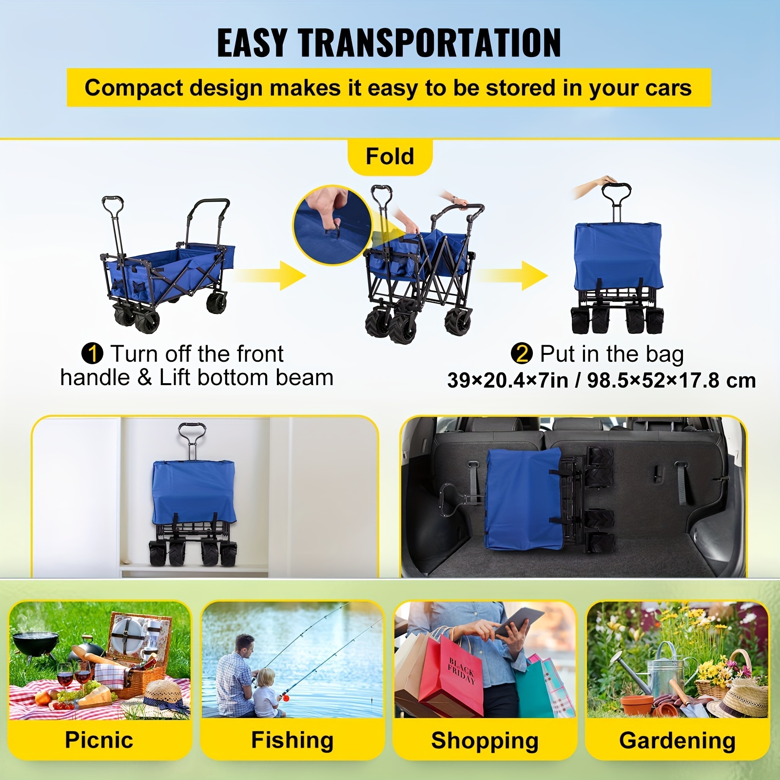 Extra Large Collapsible Garden Cart With Removable Canopy Folding Wagon Utility Carts With Wheels And Rear Storage Wagon Cart For Garden Camping Grocery Cart Shopping Cart & Outdoors Temu details 3