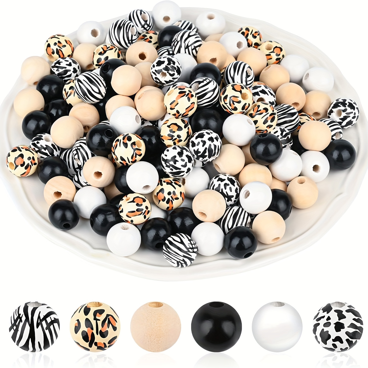 Image of 120pcs Wooden Bead Set - 16mm Leopard, Cow & Zebra Prints For Diy Crafts, Jewelry Making & Party Decorations