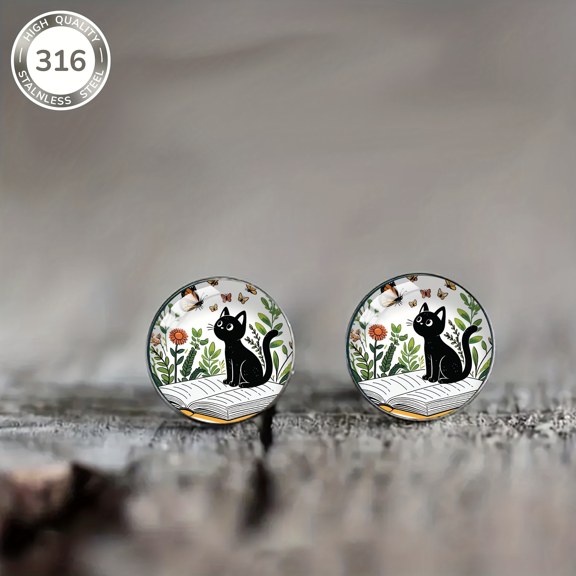 1 Pair Of Black Cat In A Flower Garden Pattern Steel Stud Earrings, Vintage Jewelry For Men And Women, Suitable For Daily Wear And Vacation